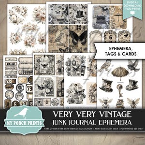 Pu&ograve; includere: Una collezione di efemeridi, tag e biglietti a tema vintage. I disegni presentano farfalle, orologi, fiori e illustrazioni antiche nei toni crema, beige e nero. Il testo include "Vintage", "Journal" e "Ephemera".