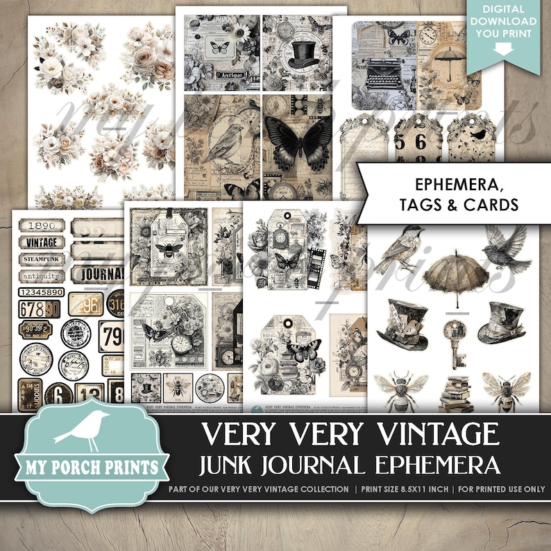 Pu&ograve; includere: Una collezione di efemeridi, tag e biglietti a tema vintage. I disegni presentano farfalle, orologi, fiori e illustrazioni antiche nei toni crema, beige e nero. Il testo include "Vintage", "Journal" e "Ephemera".