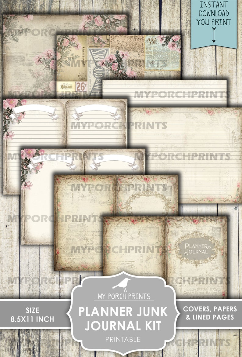 Planner Junk Journal Kit, Calendar, Bullet Journal, Shabby, My Porch Prints, Junk Journal, Printable, Paper, Ephemera, Digital, Download image 5