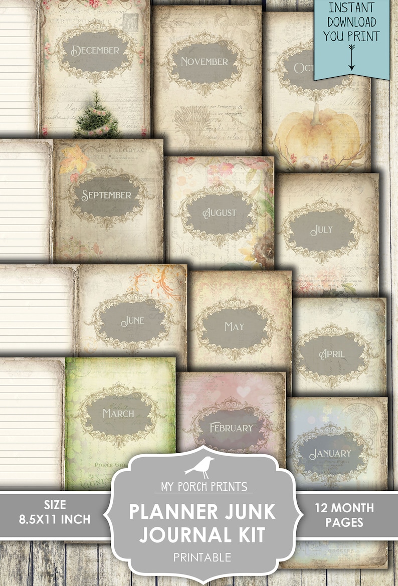 Planner Junk Journal Kit, Calendar, Bullet Journal, Shabby, My Porch Prints, Junk Journal, Printable, Paper, Ephemera, Digital, Download image 4