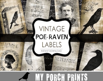 Halloween decorations, Raven, Edgar Allan, Poe, tag, label, scrapbook paper, scrapbook embellishment, digital paper, ephemera, junk journal