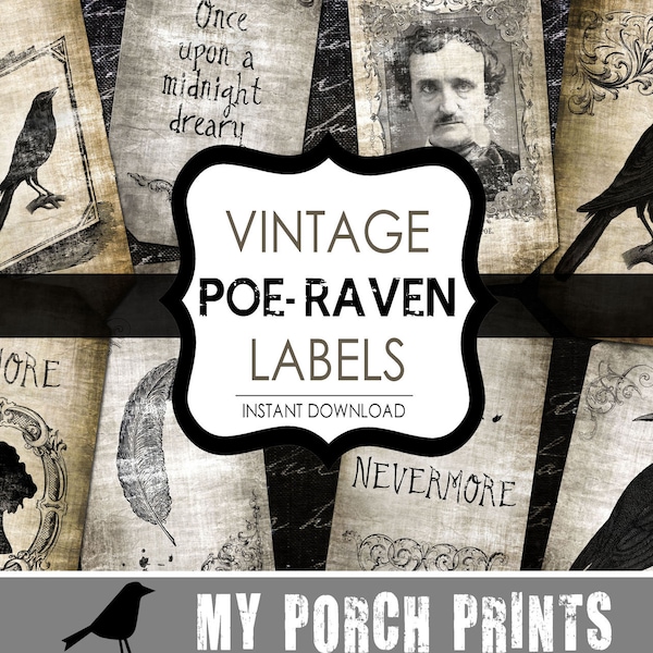 Dekoracje na Halloween, Raven, Edgar Allan, Poe, tag, etykieta, papier do scrapbookingu, ozdoby do scrapbookingu, papier cyfrowy, efemerydy, dzienniki ze śmieciami