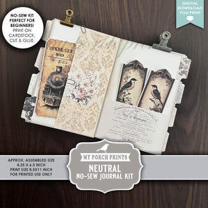 Puede incluir: Un kit de diario sin costura de color neutro con una estética vintage. El tamaño ensamblado es de aproximadamente 10,8 x 16,5 cm. El kit incluye elementos impresos con ilustraciones de trenes, flores y pájaros. El texto dice "My Porch Prints" y "Digital Download You Print."