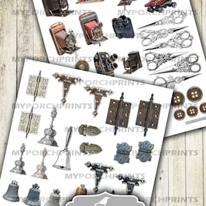Puede incluir: Paquete de papel digital imprimible con im&aacute;genes vintage de c&aacute;maras, tijeras, campanas, bisagras y botones. El paquete de papel se titula "Found Objects Fussy Cuts" y es de My Porch Prints.