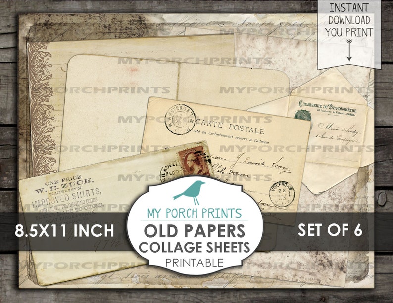 K&ouml;nnte beinhalten: Satz von sechs druckbaren Collage-Bl&auml;ttern im Format 21,6 x 27,9 cm mit Vintage-Papiertexturen und -Ephemera. Die Papiere haben einen abgenutzten, gealterten Look mit verblassten Texten und Bildern. Die Papiere sind perfekt f&uuml;r Scrapbooking, Kartenherstellung und andere Papierarbeiten.