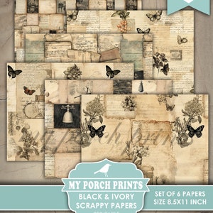 May include: Set of six printable digital scrapbook papers featuring black and ivory colors with a vintage, shabby chic style. The papers feature butterflies, flowers, and old-fashioned writing. The papers are 8.5 inches by 11 inches.