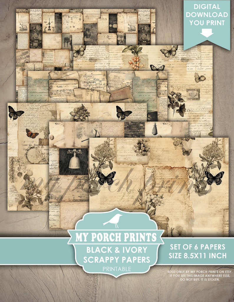 May include: Set of six printable digital scrapbook papers featuring black and ivory colors with a vintage, shabby chic style. The papers feature butterflies, flowers, and old-fashioned writing. The papers are 8.5 inches by 11 inches.