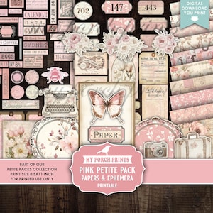 May include: A digital download featuring a collection of pink and cream-colored ephemera and papers. The image includes floral elements, tags, labels, a butterfly illustration, and a vintage typewriter. The text reads "Pink Petite Pack Papers & Ephemera".