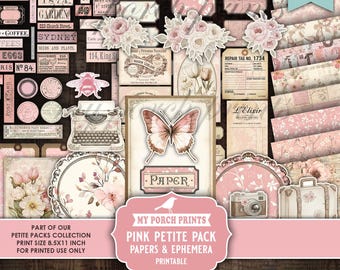 Pink Petite Pack Junk Journal Ephemera and Papers Kit, Shabby Numbers Vintage Labels Fussy Cuts My Porch Prints Printable Digital Download