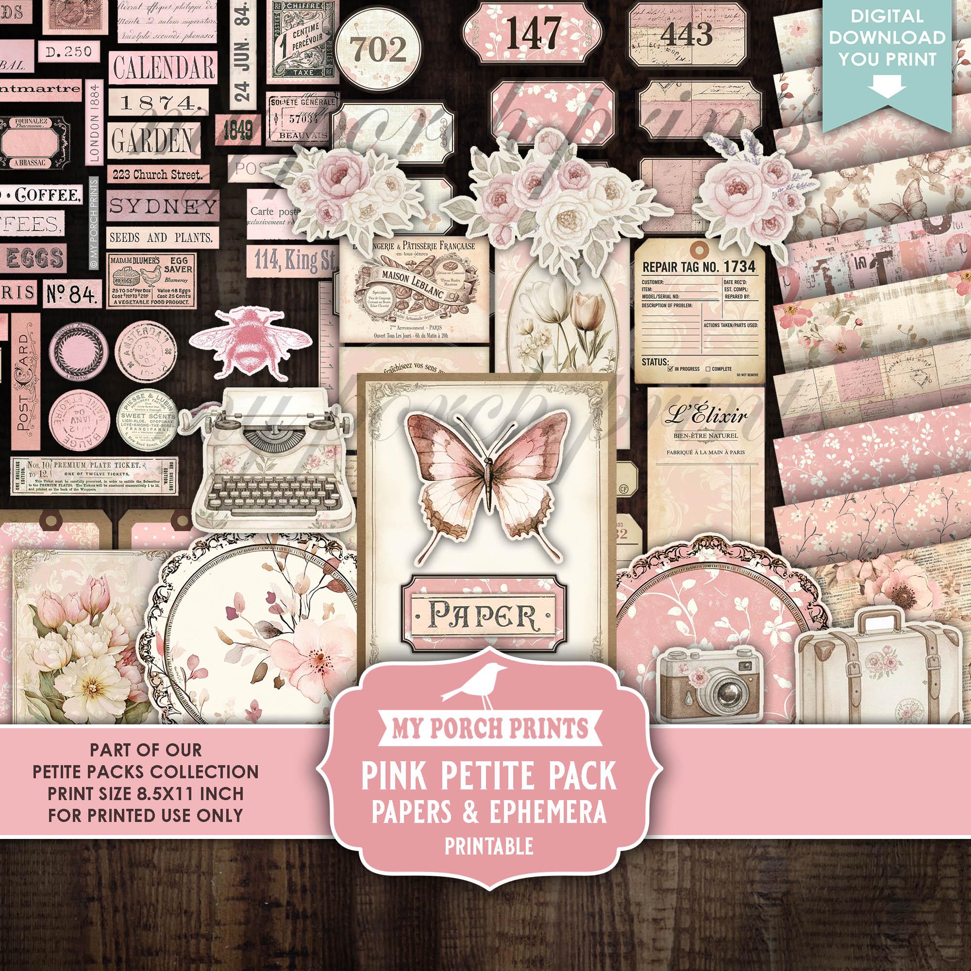 Pink Petite Pack Junk Journal Ephemera and Papers Kit, Shabby Numbers ...