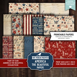 K&ouml;nnte beinhalten: Eine Sammlung von bedruckbaren Papieren mit amerikanischem Patriotismus-Thema, darunter Flaggen, Sterne und patriotischer Text. Die Papiere sind im Format 21,59 cm x 27,94 cm erh&auml;ltlich und eignen sich ideal f&uuml;r Bastel- und Scrapbooking-Projekte.