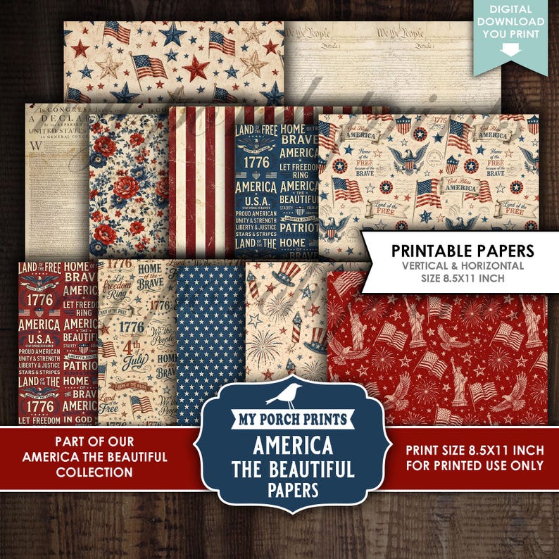 K&ouml;nnte beinhalten: Eine Sammlung von bedruckbaren Papieren mit amerikanischem Patriotismus-Thema, darunter Flaggen, Sterne und patriotischer Text. Die Papiere sind im Format 21,59 cm x 27,94 cm erh&auml;ltlich und eignen sich ideal f&uuml;r Bastel- und Scrapbooking-Projekte.