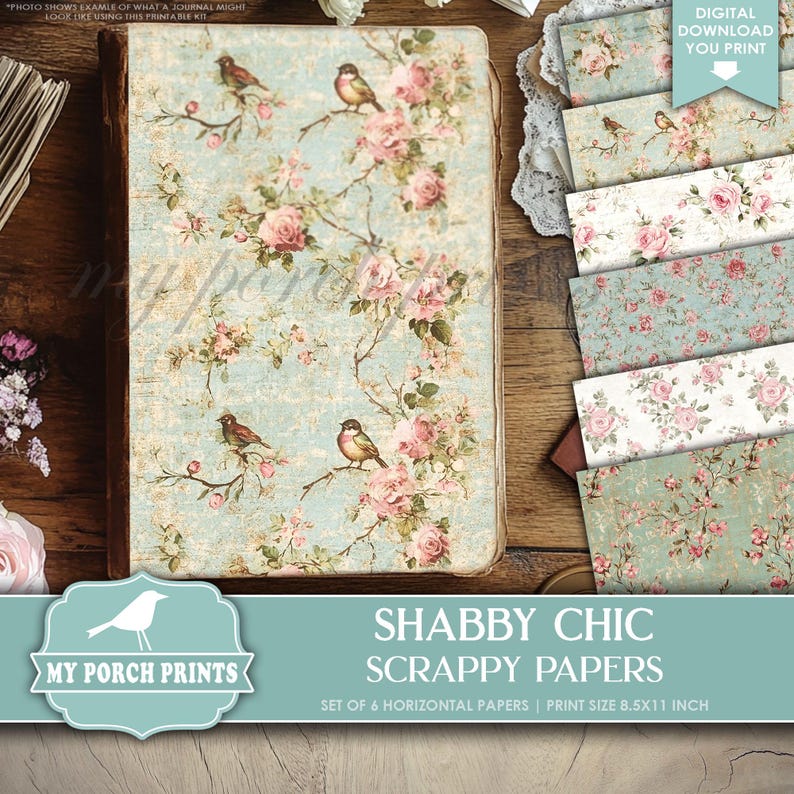 Shabby Chic Scrappy Papers, Junk Journal, Pages, Blue, Pink, Spring, Floral, Backing, Craft, My Porch Prints, Printable, Digital Download bild 1