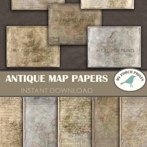 Puede incluir: Un conjunto de seis papeles de mapas antiguos con un aspecto desgastado y vintage. Los mapas presentan diversas regiones del mundo, incluyendo Am&eacute;rica del Norte, Europa y Australia. Los papeles son perfectos para scrapbooking, creaci&oacute;n de tarjetas y otros proyectos de manualidades.