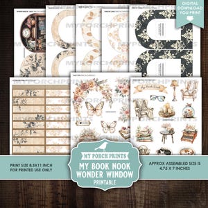 Peut inclure: Ensemble de feuilles de papier imprimables sur le th&egrave;me vintage. Les feuilles pr&eacute;sentent des illustrations de papillons, de livres, d'horloges et de compositions florales. Le texte comprend "My Book Nook Wonder Window Printable". La taille d'impression est de 21,6 x 27,9 cm.