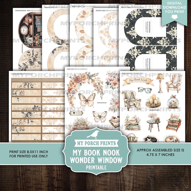 Peut inclure: Ensemble de feuilles de papier imprimables sur le th&egrave;me vintage. Les feuilles pr&eacute;sentent des illustrations de papillons, de livres, d'horloges et de compositions florales. Le texte comprend "My Book Nook Wonder Window Printable". La taille d'impression est de 21,6 x 27,9 cm.