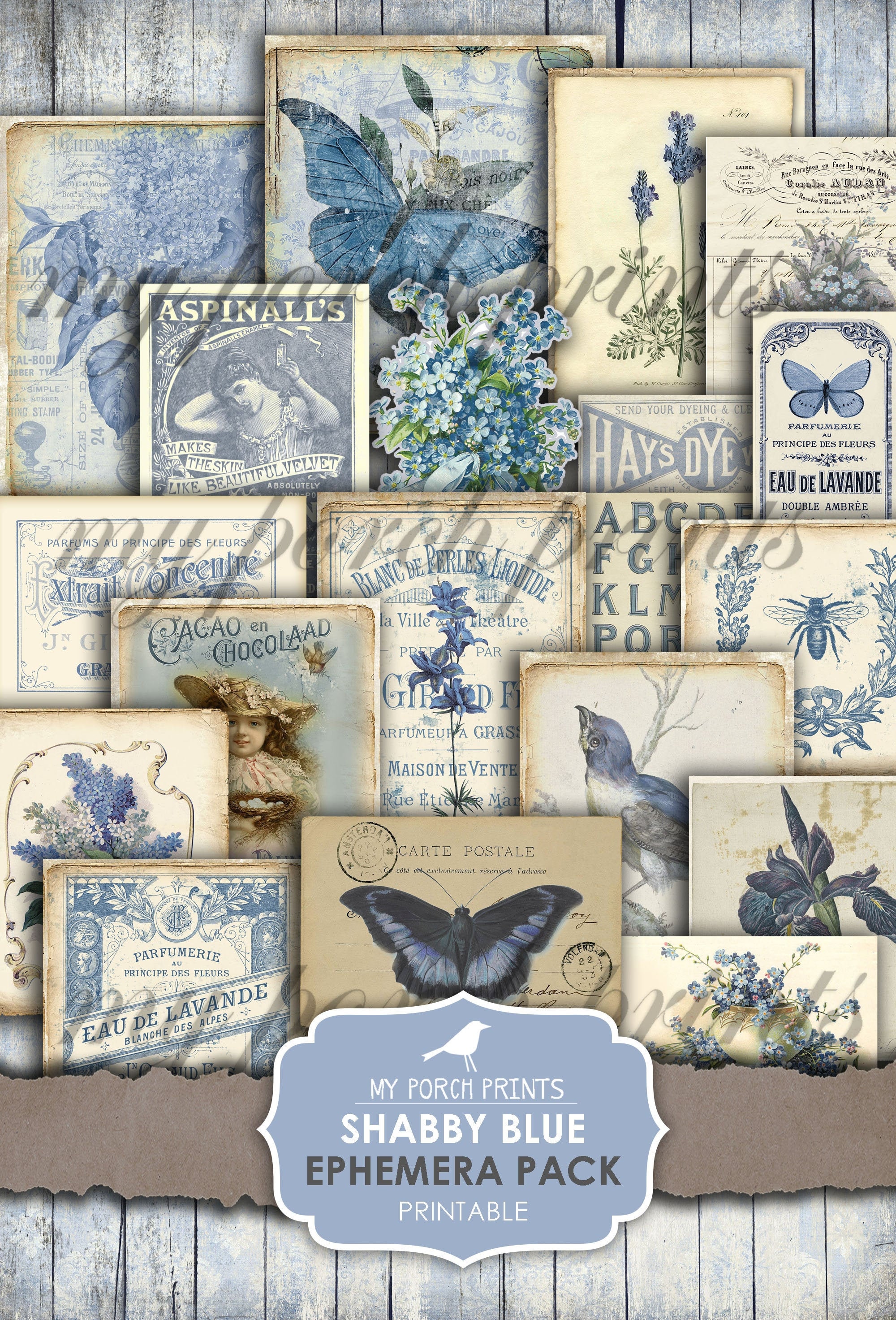 Junk Journal Ephemera Pack Shabby Blue Butterfly Insert - Etsy