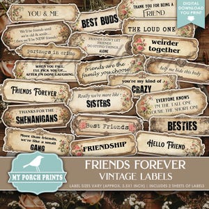 Friends Forever Vintage Labels Junk Journal Friend Friendship Sayings Words Quotes Planner Cricut My Porch Prints Printable Digital Download