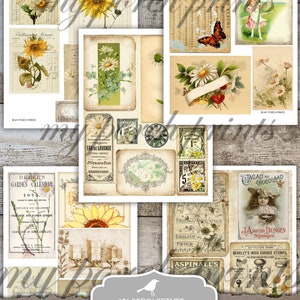 May include: A printable ephemera pack featuring vintage illustrations of sunflowers and daisies. The pack includes images of flowers, botanical illustrations, vintage advertisements, and text. The text includes "Dreer's Garden Calendar 1874", "Eau de Lavande", "J. Giraud Fils", "Aspinall's", "Javan den Dungen Nijmegen", and "Berkley's India Rubber Stamps".
