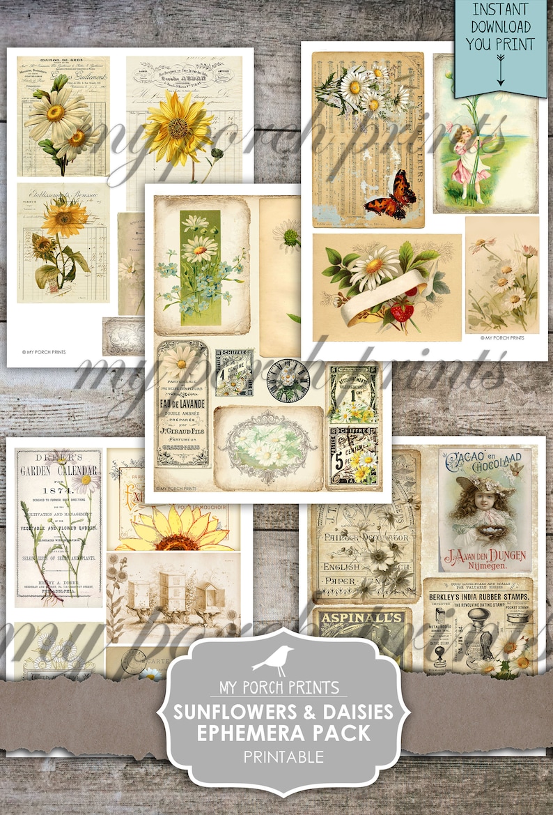 May include: A printable ephemera pack featuring vintage illustrations of sunflowers and daisies. The pack includes images of flowers, botanical illustrations, vintage advertisements, and text. The text includes "Dreer's Garden Calendar 1874", "Eau de Lavande", "J. Giraud Fils", "Aspinall's", "Javan den Dungen Nijmegen", and "Berkley's India Rubber Stamps".