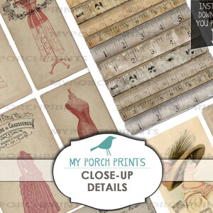 Pode incluir: Uma colagem digital de imagens vintage com temas de costura e moda. A colagem inclui imagens de um manequim, uma r&eacute;gua vintage, um chap&eacute;u e um par de tesouras. As imagens est&atilde;o em tons de marrom, bege e vermelho.