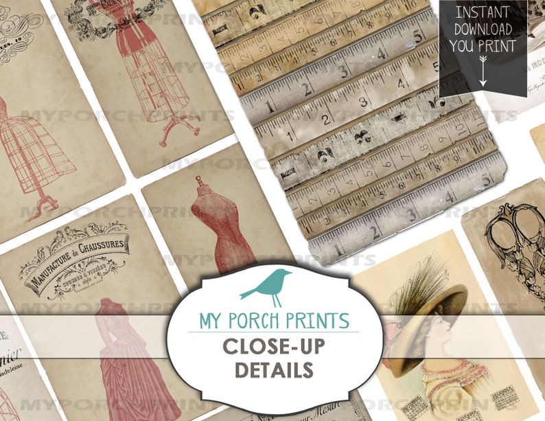 Pode incluir: Uma colagem digital de imagens vintage com temas de costura e moda. A colagem inclui imagens de um manequim, uma r&eacute;gua vintage, um chap&eacute;u e um par de tesouras. As imagens est&atilde;o em tons de marrom, bege e vermelho.