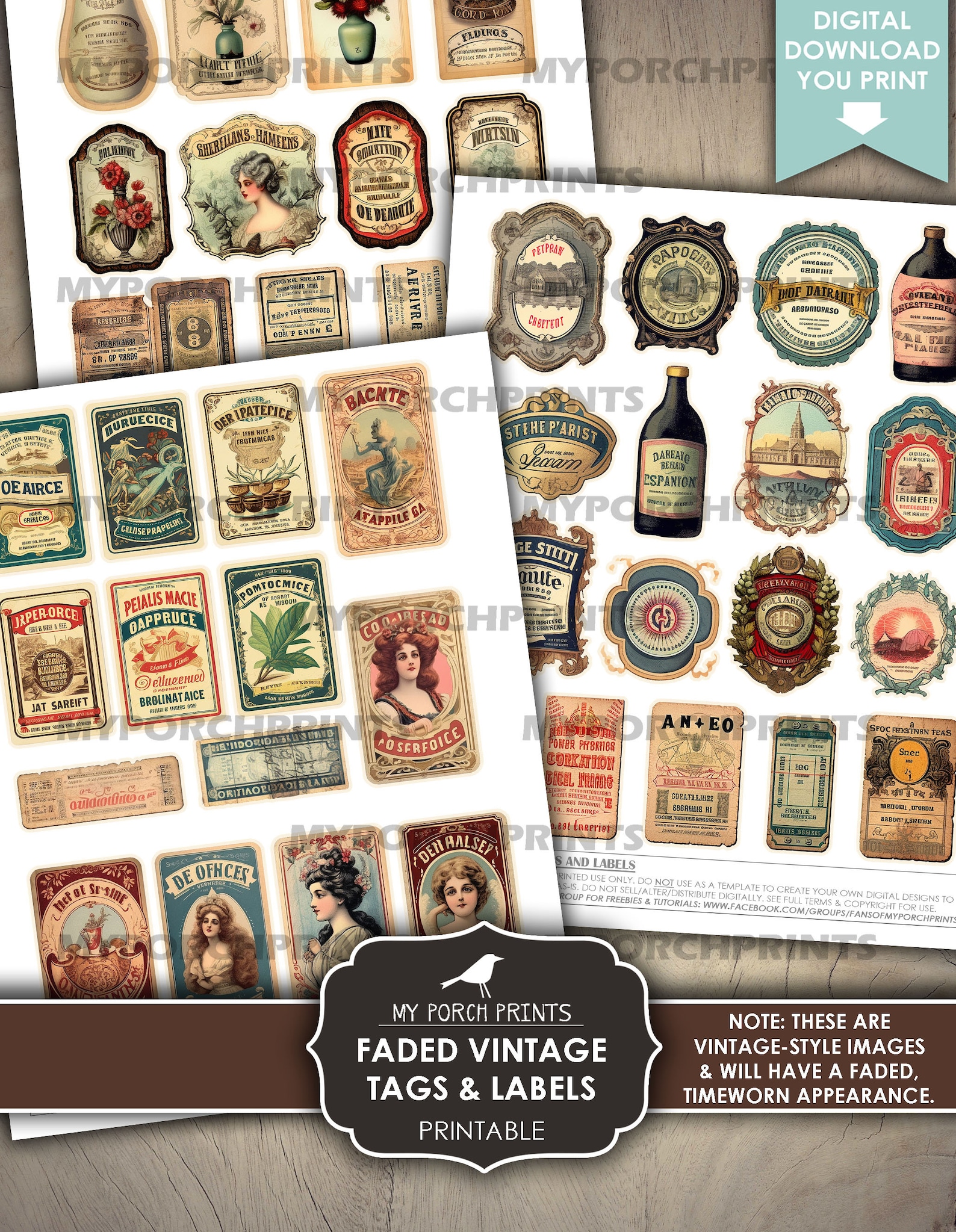 Junk Journal Faded Vintage Tags Labels, Grunge, Steampunk, Men Number ...