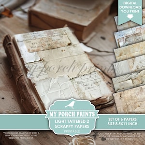 Light Tattered 2 Scrappy Papers, Junk Journal Seiten, Vintage, Shabby, Backing, Papier, Script, My Porch Prints, druckbar, Digitaler Download