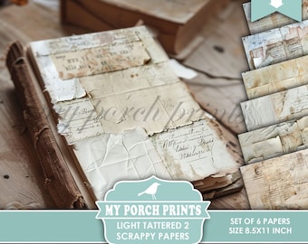 Light Tattered 2 Scrappy Papers, Junk Journal Pages, Vintage, Shabby, Backing, Paper, Script, My Porch Prints, Printable, Digital Download