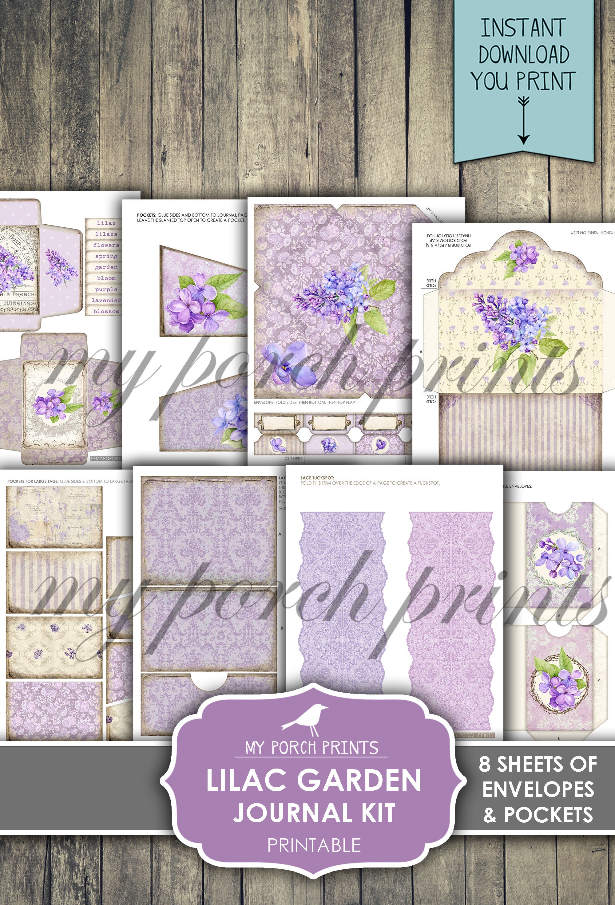 Junk Journal, Lilac Garden, Vintage, My Porch Prints, Spring, Purple ...