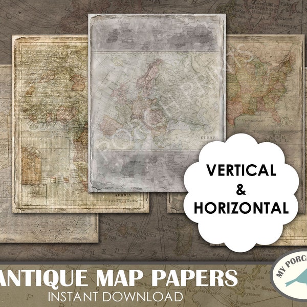 Antique Map Papers, map, travel journal, mini album, junk journal kit, travelers notebook, scrapbook paper, printable paper, 8.5x11, vintage