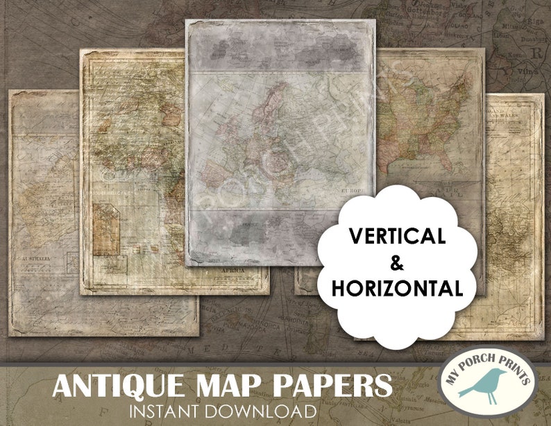 Puede incluir: Papeles de mapas antiguos en orientaciones verticales y horizontales. Los papeles tienen un aspecto vintage y envejecido con colores descoloridos y una textura desgastada. Los papeles son perfectos para scrapbooking, la elaboraci&oacute;n de tarjetas y otros proyectos de manualidades.