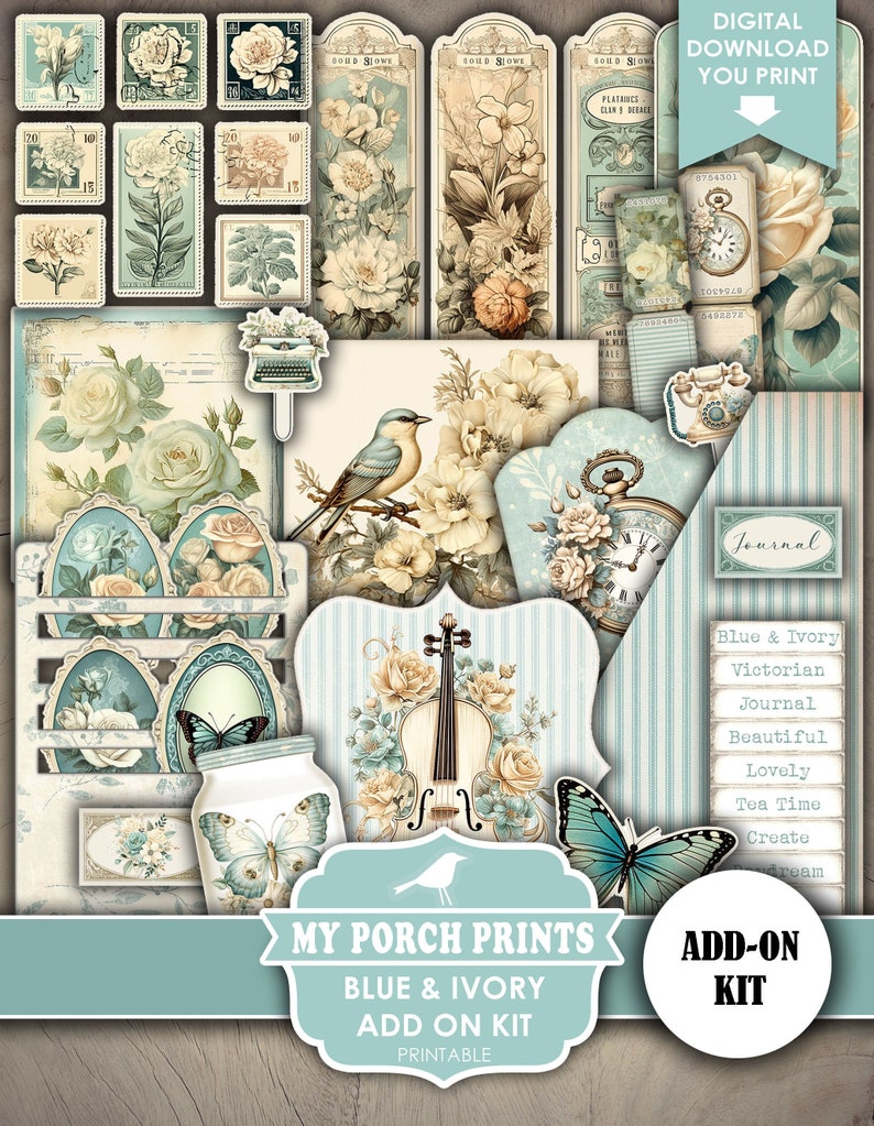 Blue and Ivory Junk Journal Add on Kit, Neutral, Victorian, Teal ...