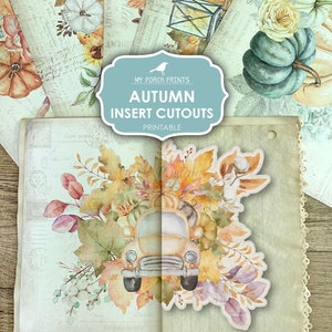 May include: Printable autumn themed cutouts featuring a vintage truck filled with pumpkins, leaves, and gourds. The cutouts are designed to be inserted into a scrapbook or journal.