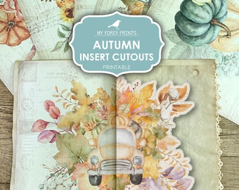 May include: Printable autumn themed cutouts featuring a vintage truck filled with pumpkins, leaves, and gourds. The cutouts are designed to be inserted into a scrapbook or journal.