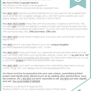May include: Terms of Use document from My Porch Prints, with copyright information and usage guidelines. The text is in black font on a white background, with a teal banner and a small bird illustration.
