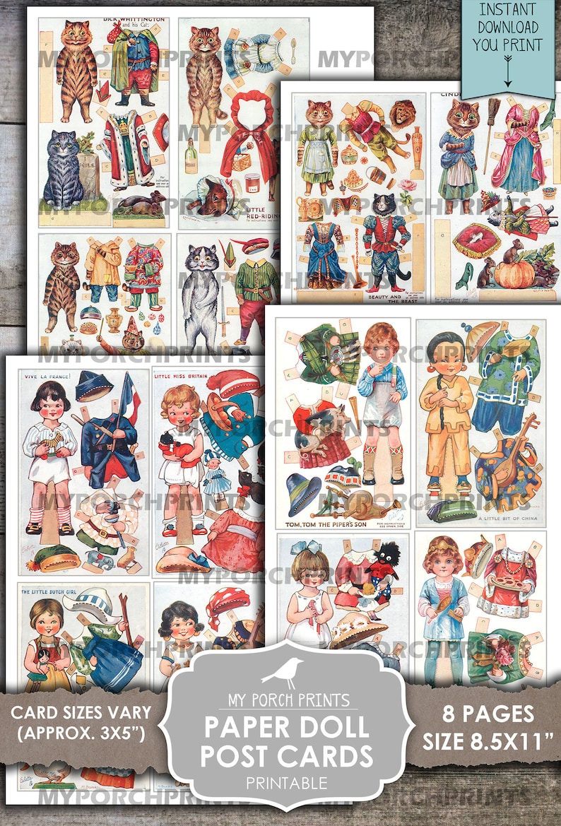Puede incluir: Postales de papel para mu&ntilde;ecas imprimibles con ilustraciones vintage de ni&ntilde;os y animales. El conjunto incluye 8 p&aacute;ginas, cada una mide 21,6 cm por 27,9 cm. Las tarjetas est&aacute;n dise&ntilde;adas para cortar y jugar.