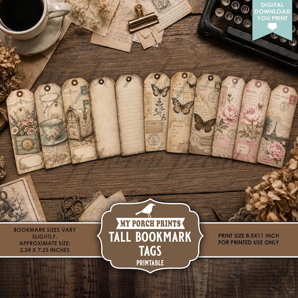 Tall Bookmark Tags, Junk Journal Kit Books Library Happy Mail Paris Vintage Shabby Illusion Long My Porch Prints Printable Digital Download