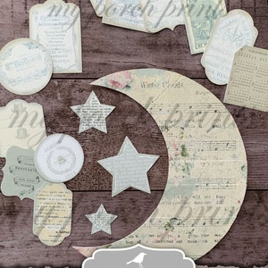 May include: A collection of vintage-style paper ephemera, including tags, labels, and a crescent moon shape, with floral and musical note patterns. The design includes the text "Instant Download You Print" and "Moon Pocket Insert Printable".