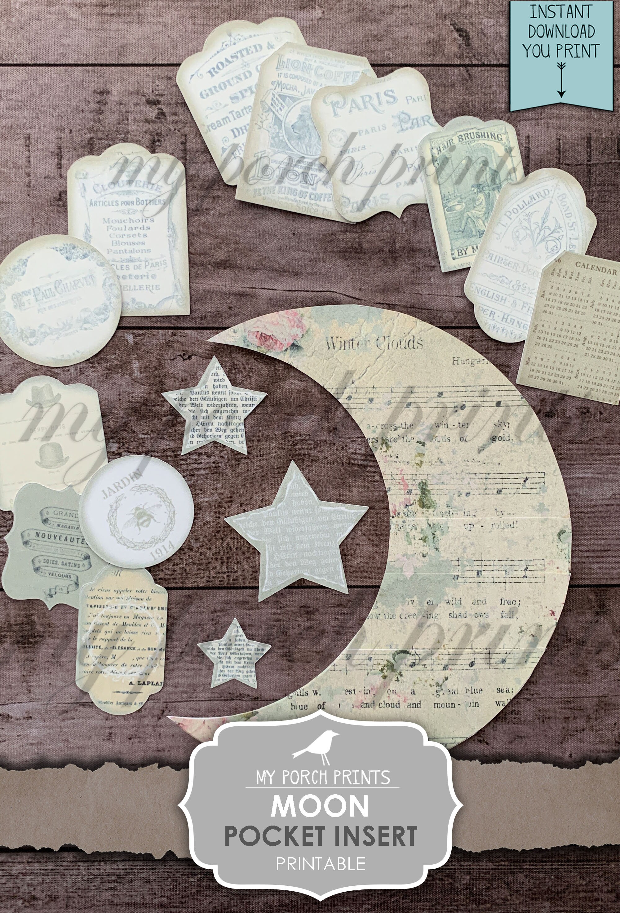 Moon, Pocket, Junk Journal, Insert, Kit, Dream Journal, Tags, Stars ...