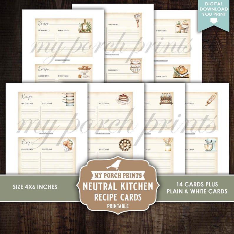May include: A collection of printable 4x6 inch recipe cards with watercolor illustrations of kitchen items. The cards feature sections for ingredients and directions. The design includes the text "My Porch Prints, Neutral Kitchen Recipe Cards, Printable".