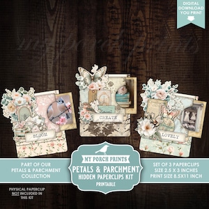 以下が含まれることがあります： 花と蝶のデザインが施された3つのペーパークリップのセット。各ペーパークリップには、花、蝶、ヴィンテージスタイルの要素が使用されています。ペーパークリップのサイズは6.35 cm x 7.62 cmで、Petals & Parchmentコレクションの一部です。