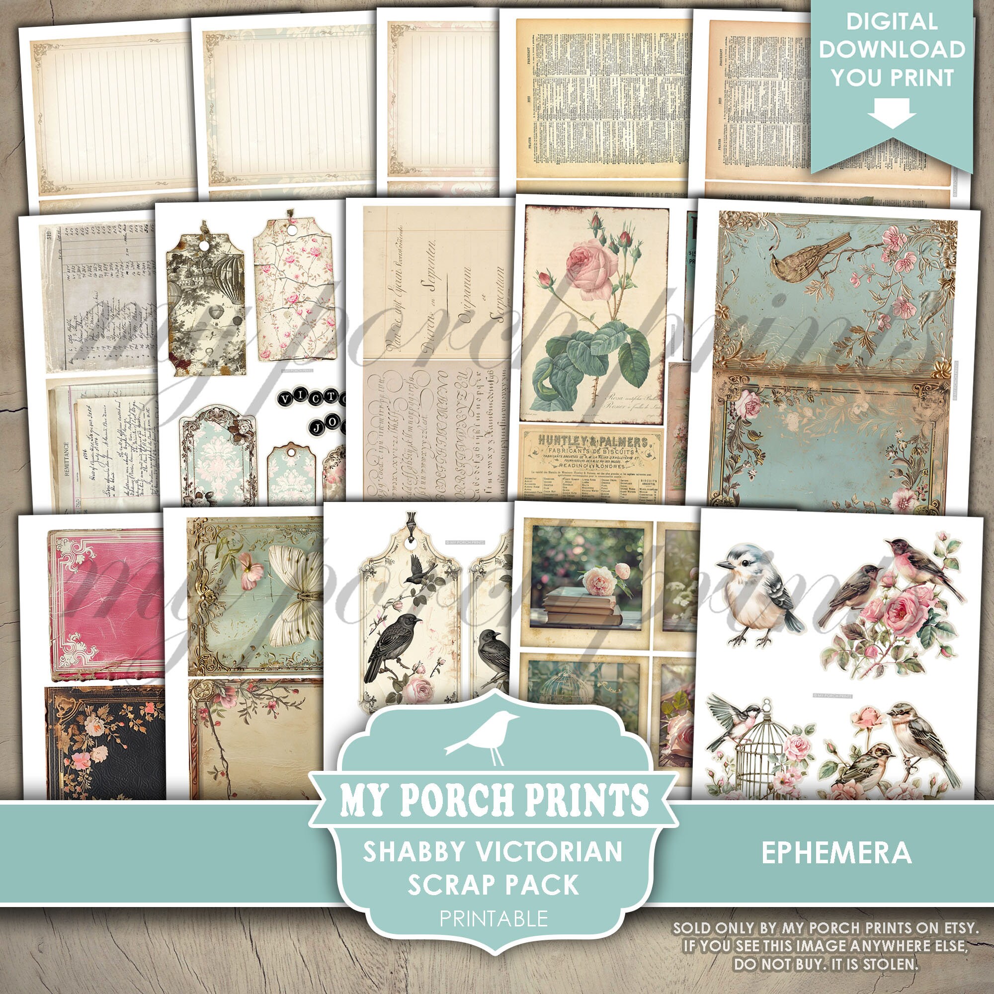 つよっぷB669 ヴィンテージ オズボーン・コレクション 紙物 Shabby Victorian Scrap Pack, Roses, Teal, Ephemera, Junk