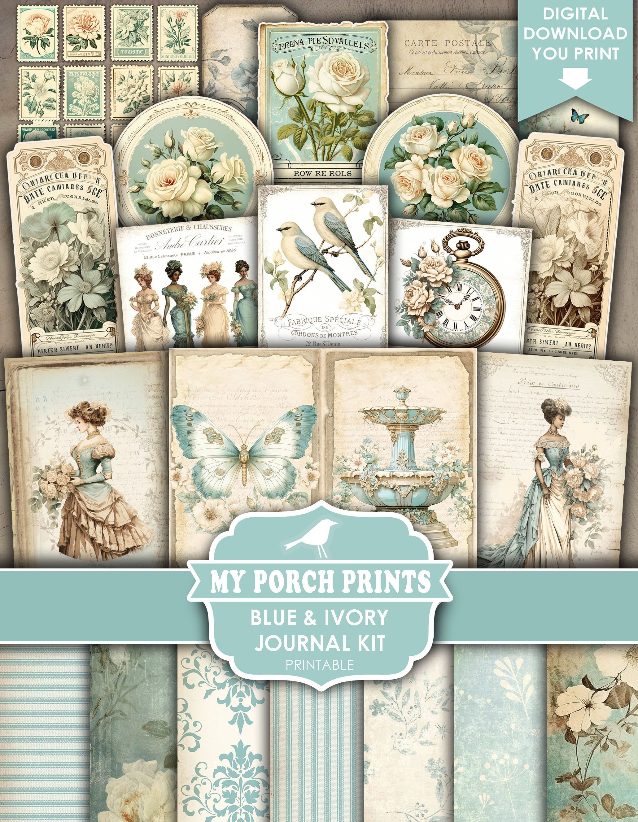 Blue and Ivory Junk Journal Kit, Neutral, Victorian, Teal, Ephemera, Floral Turquoise, Vintage, My Porch Prints, Printable, Digital Download