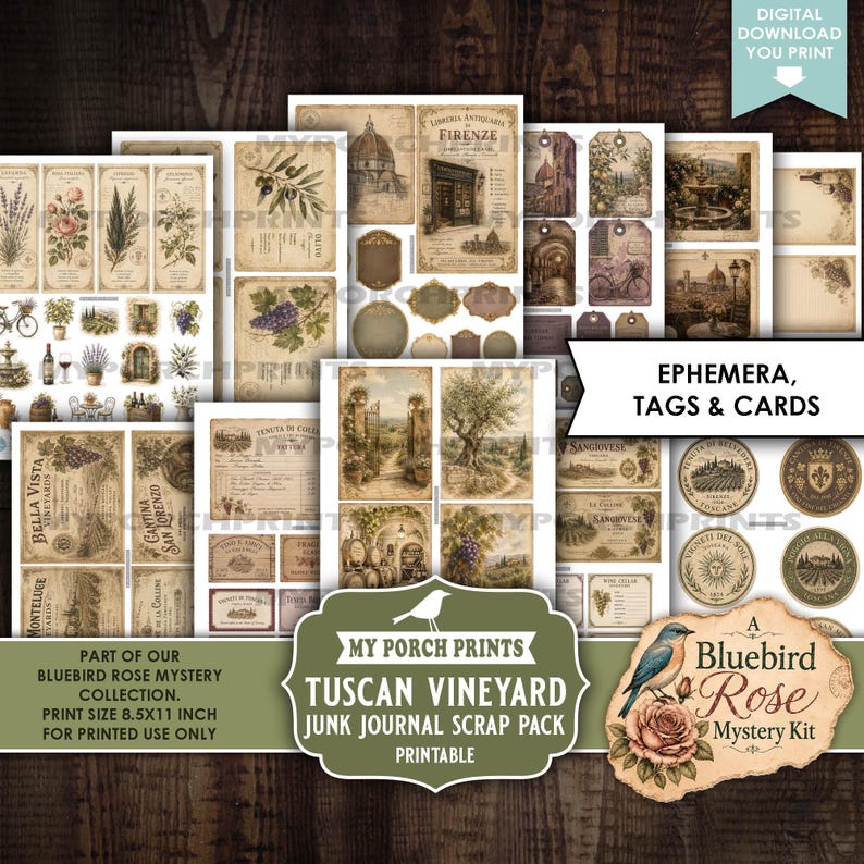 May include: A collection of printable ephemera, tags, and cards featuring Tuscan vineyard themes, including illustrations of grapes, olive branches, wine barrels, and Italian landscapes. The sheets are labeled as part of the Bluebird Rose Mystery collection.