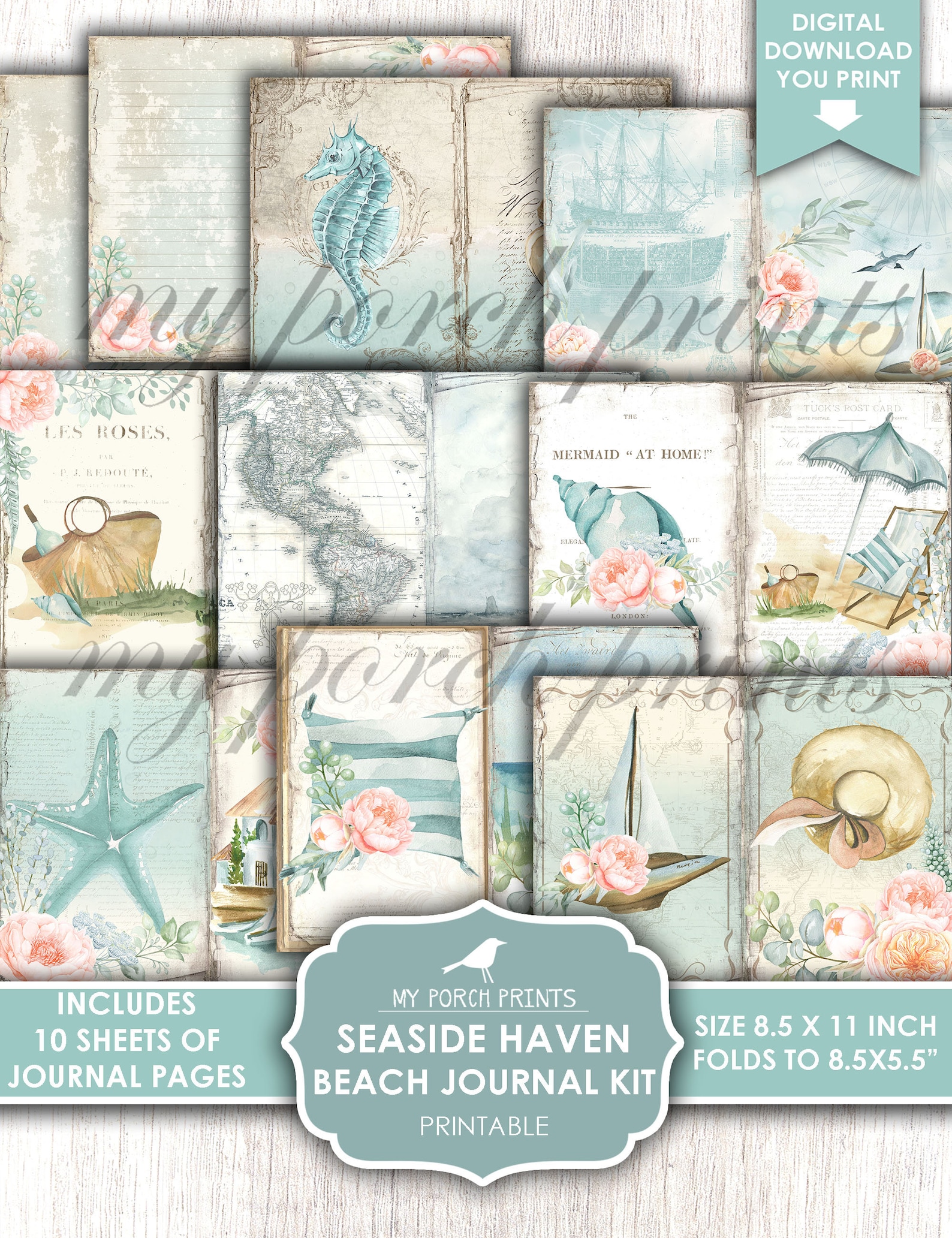 Junk Journal, Kit, Seaside, Haven, Beach, Vacation, Hawaii, Coast, Blue ...