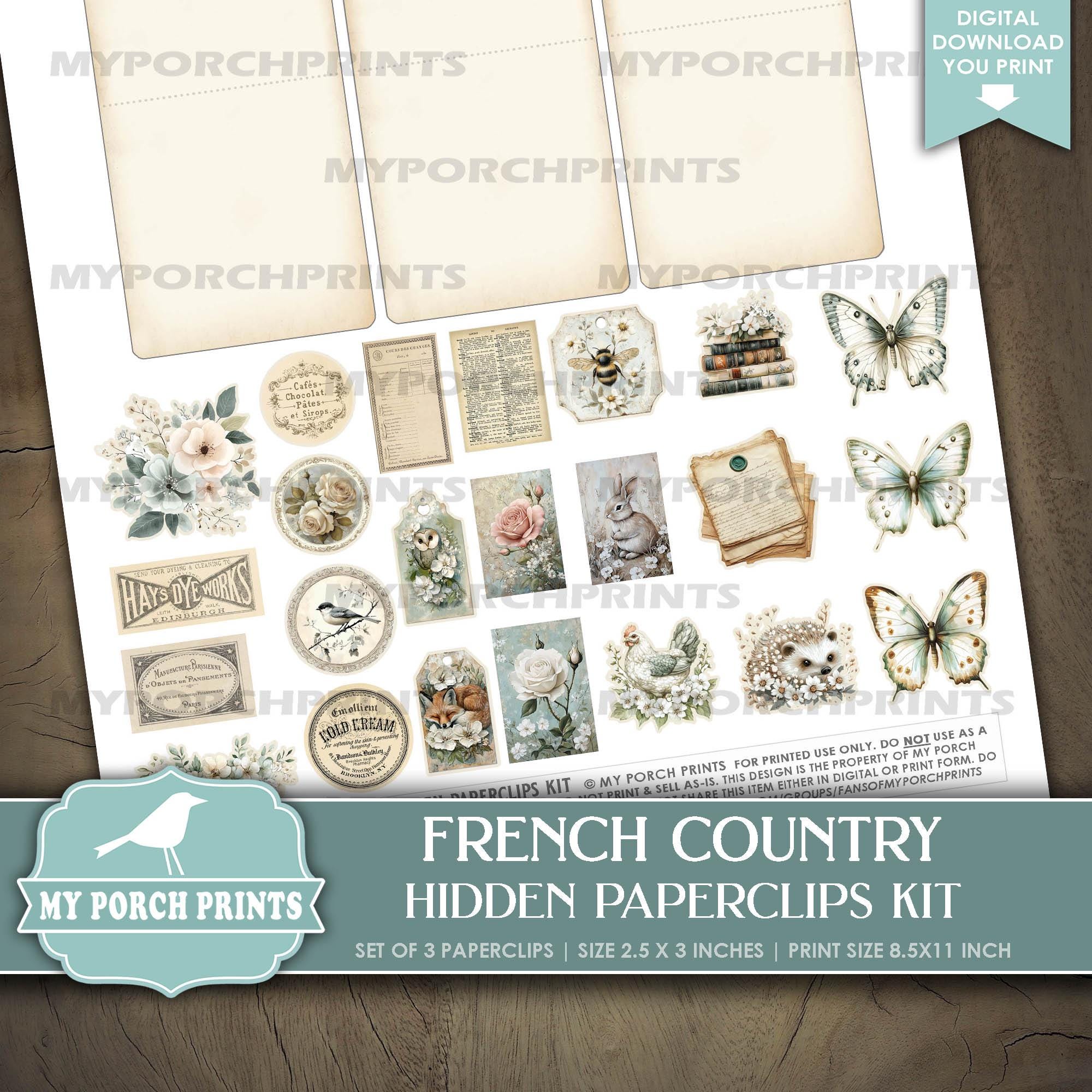 French Country Hidden Paperclips Kit, 3, Blue Junk Journal Paper Clips ...