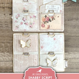 Op de afbeelding: Printbare tabbladen in shabby chic-stijl met bloemen- en schriftontwerpen. De mappen hebben tabbladen met de labels "Carte Postale", "Parfums", "Clouterie", "Arte Postale" en "Asin".