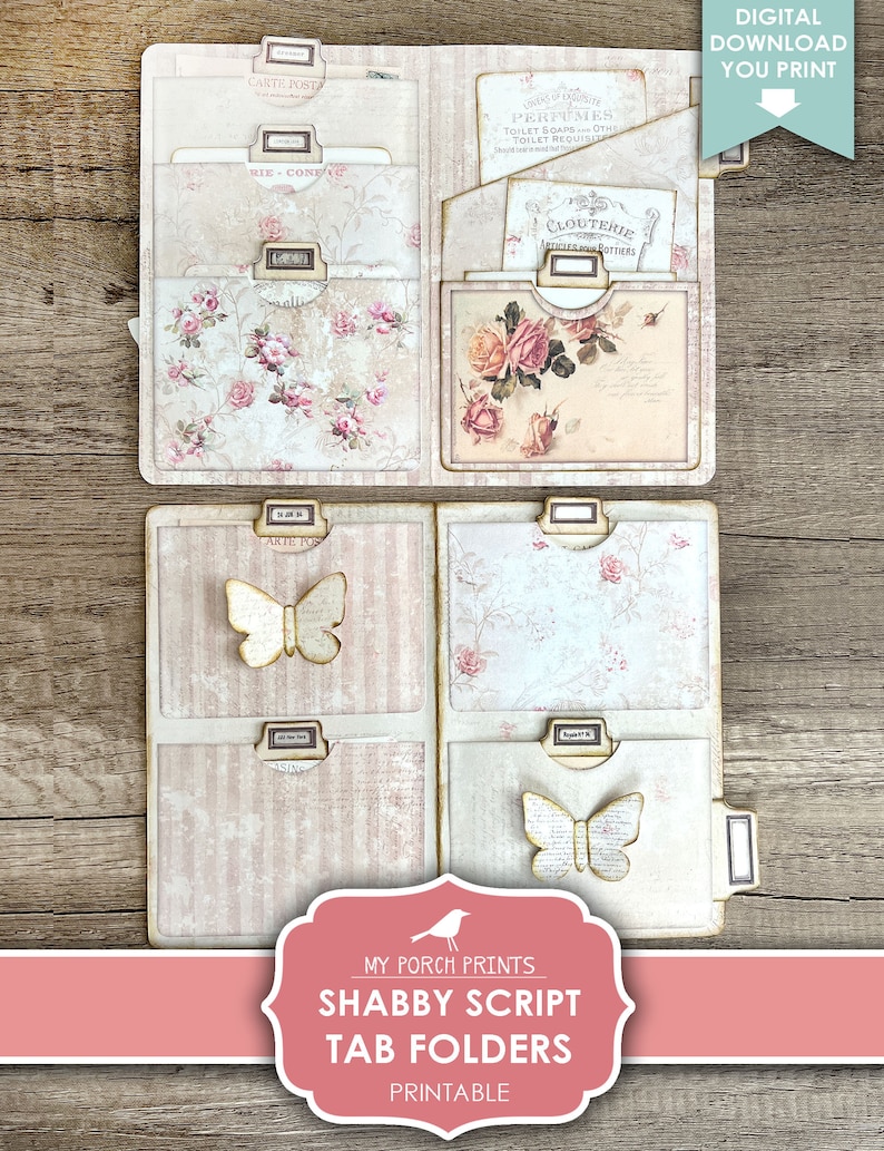 Op de afbeelding: Printbare tabbladen in shabby chic-stijl met bloemen- en schriftontwerpen. De mappen hebben tabbladen met de labels "Carte Postale", "Parfums", "Clouterie", "Arte Postale" en "Asin".