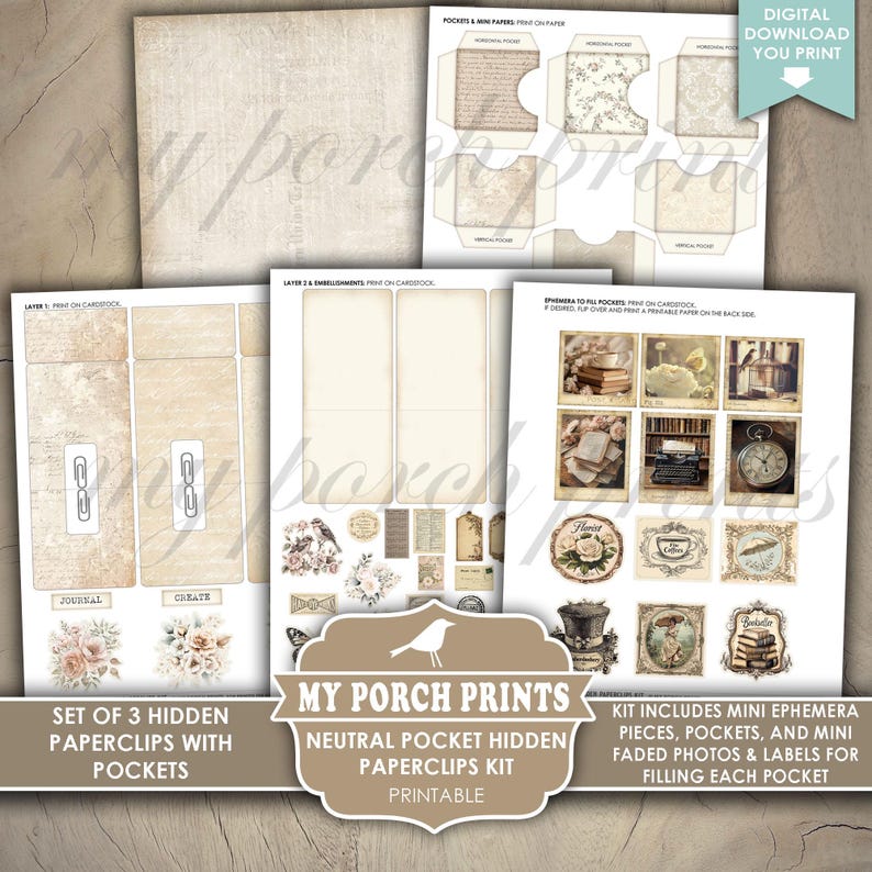 Neutral Pocket Hidden Paperclips Kit, 3 Junk Journal Black White ...